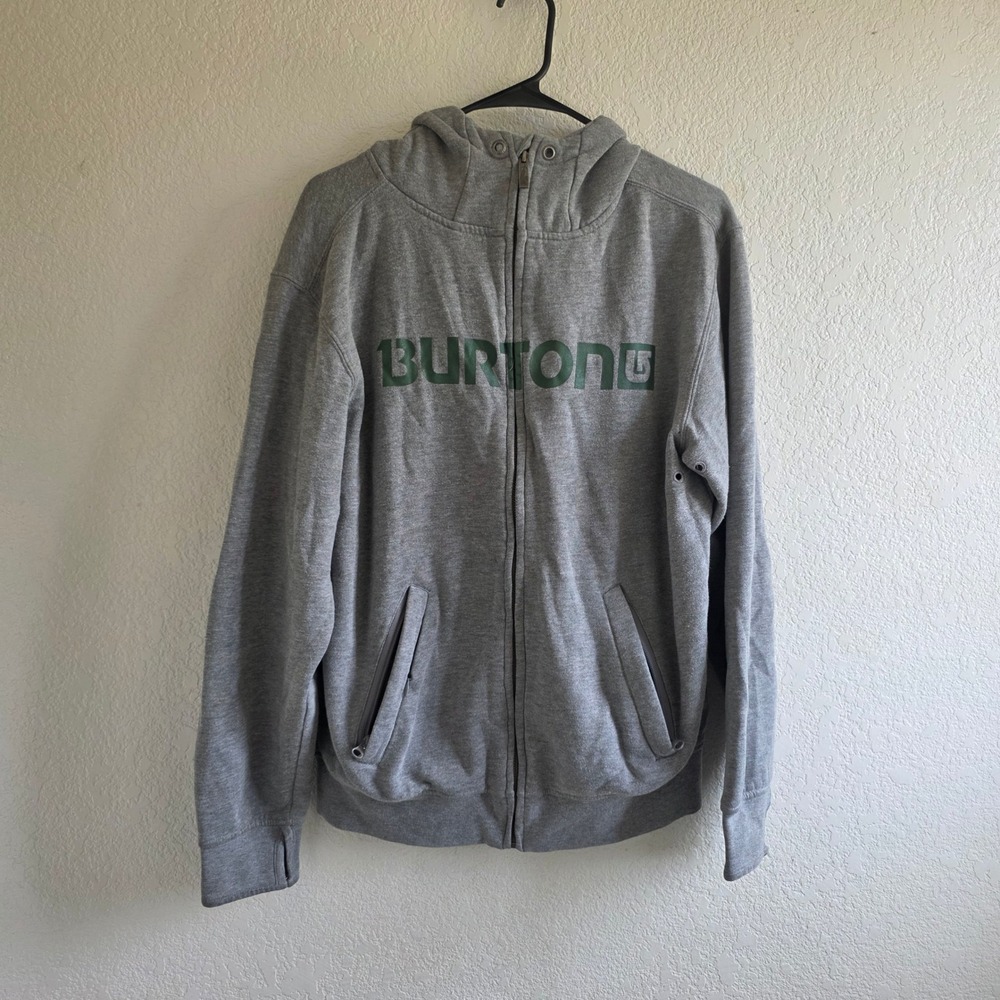 Burton Mens Gray Full Zip Hoodie Green Logo Mesh Lined Thumbhole Small